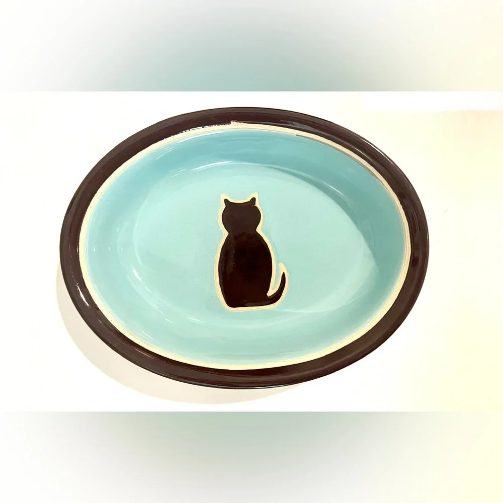 Ceramic Cat Food Bowl in Aqua with Black Cat Silhouette